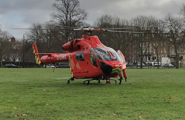 The air ambulance lands on Turnham Green