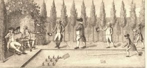 engraving showing 18th century people playing skittles 