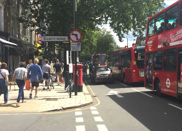 Sign indicating changes eastbound on Chiswick High Road