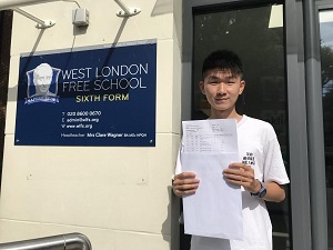 West London Free School student Lawrence Wu with his results