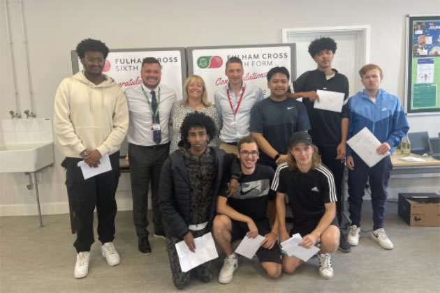 Fulham Cross Sixth Form staff and students after receiving their grades