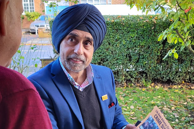 Kuldev Sehra distributing Lib Dem crime survey in Hanger Hill