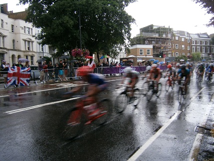 Road race cyclists on Fulham Road