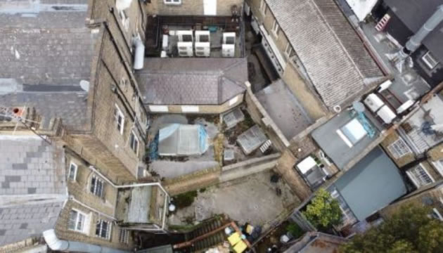 An aerial view of the site covered by the application at the rear of the pub 