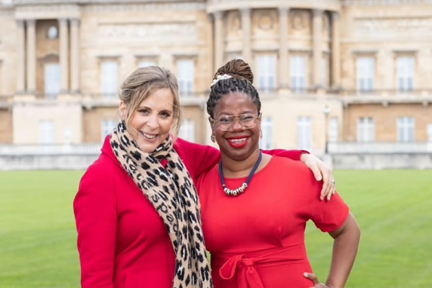 Nureen and Mel Giedroyc in the gardens of Buckingham Palace 