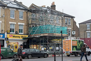 Scaffolding over building in Uxbridge Road where roof collapsed