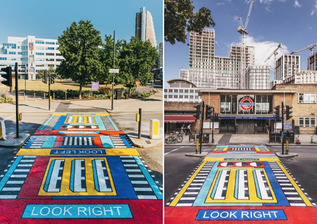 camille walala transforms london's white city place with colorful geometric  patterns